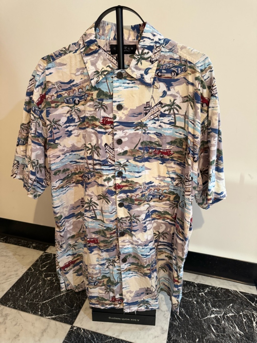 Cactus Black Label Retro Hawaiian Cruise Shirt XL Cars Boats Palm Trees